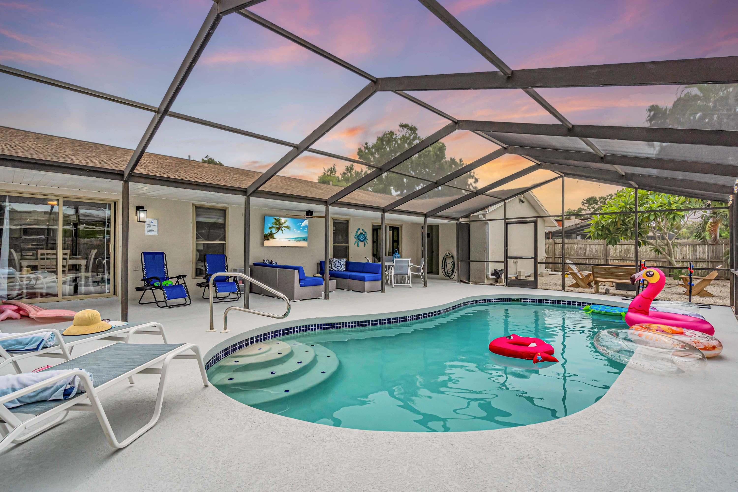 Heated private pool and patio at Seashells and Sunshine, a three-bedroom Sarasota rental near Anna Maria Island