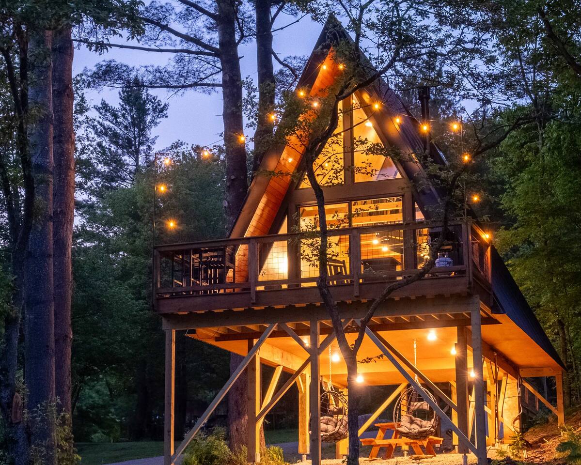 Designer A-Frame Treehouse with hot tub on river property photo 2