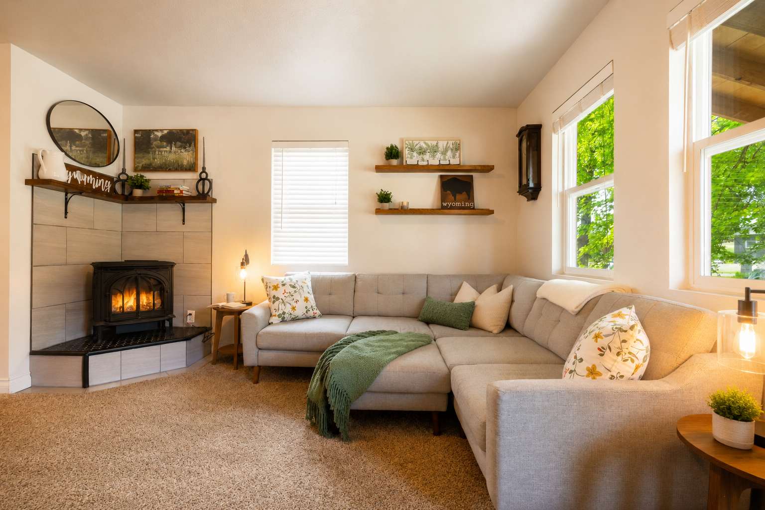 The Maple by Wyo Stays — living room with gas fireplace, Sheridan Wyoming