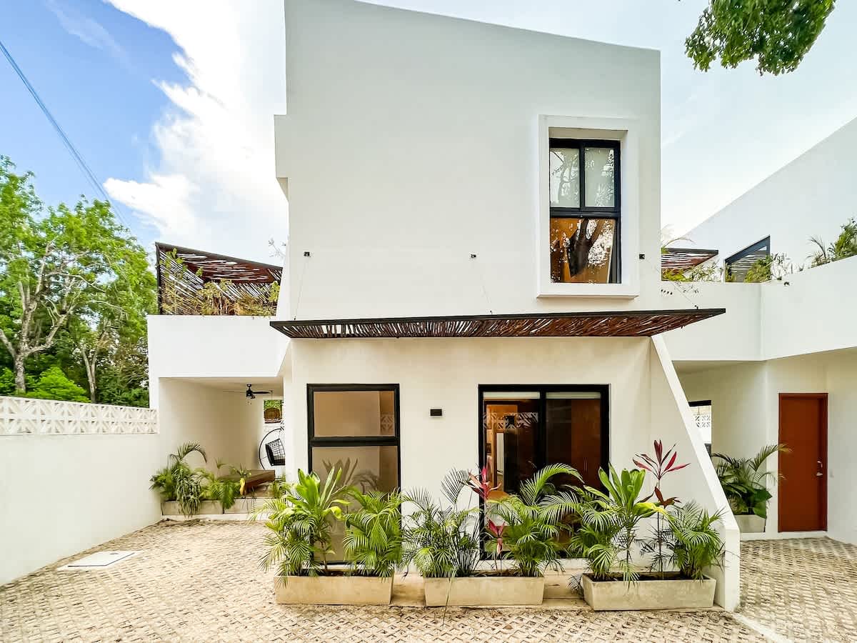 Terrace and private pool at Veleta House, a three-bedroom home one block from Calle 7 in La Veleta, Tulum
