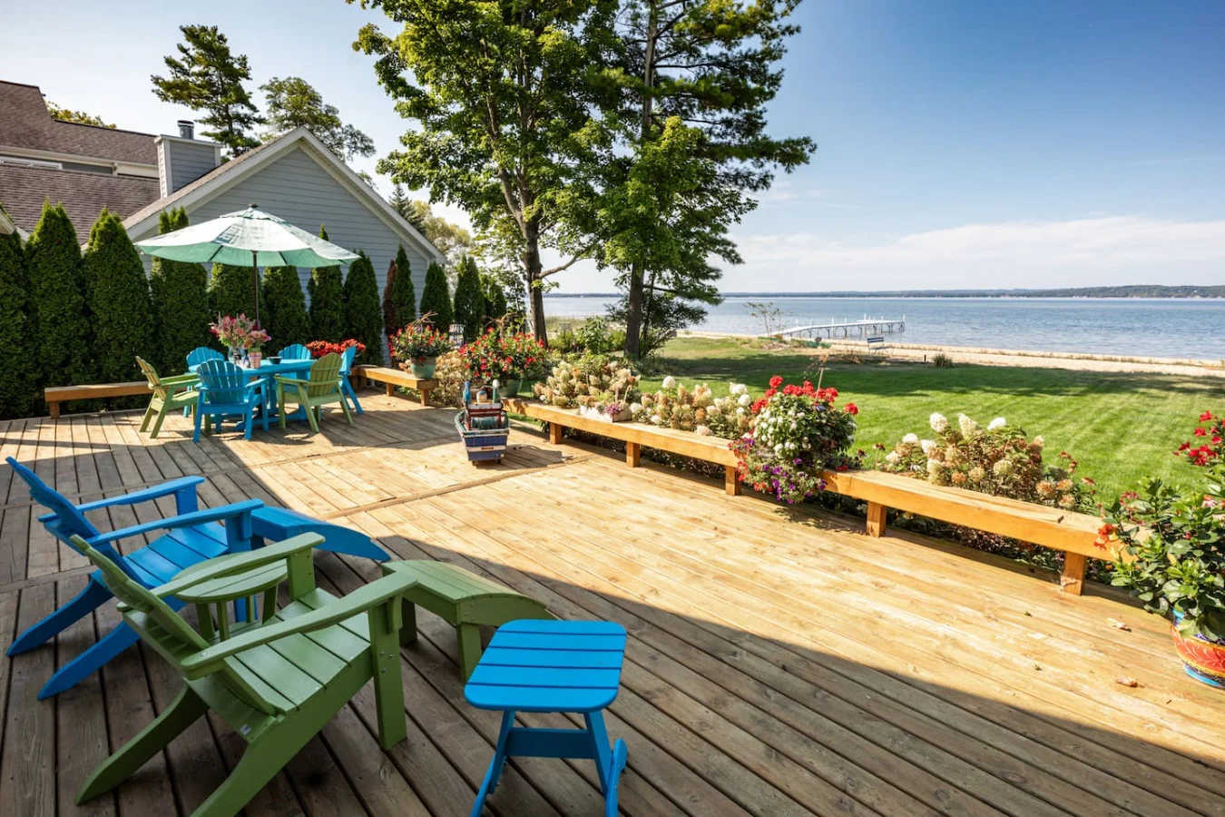 Private beachfront and lawn at the Luxe 3BR home on East Grand Traverse Bay, Williamsburg, Michigan