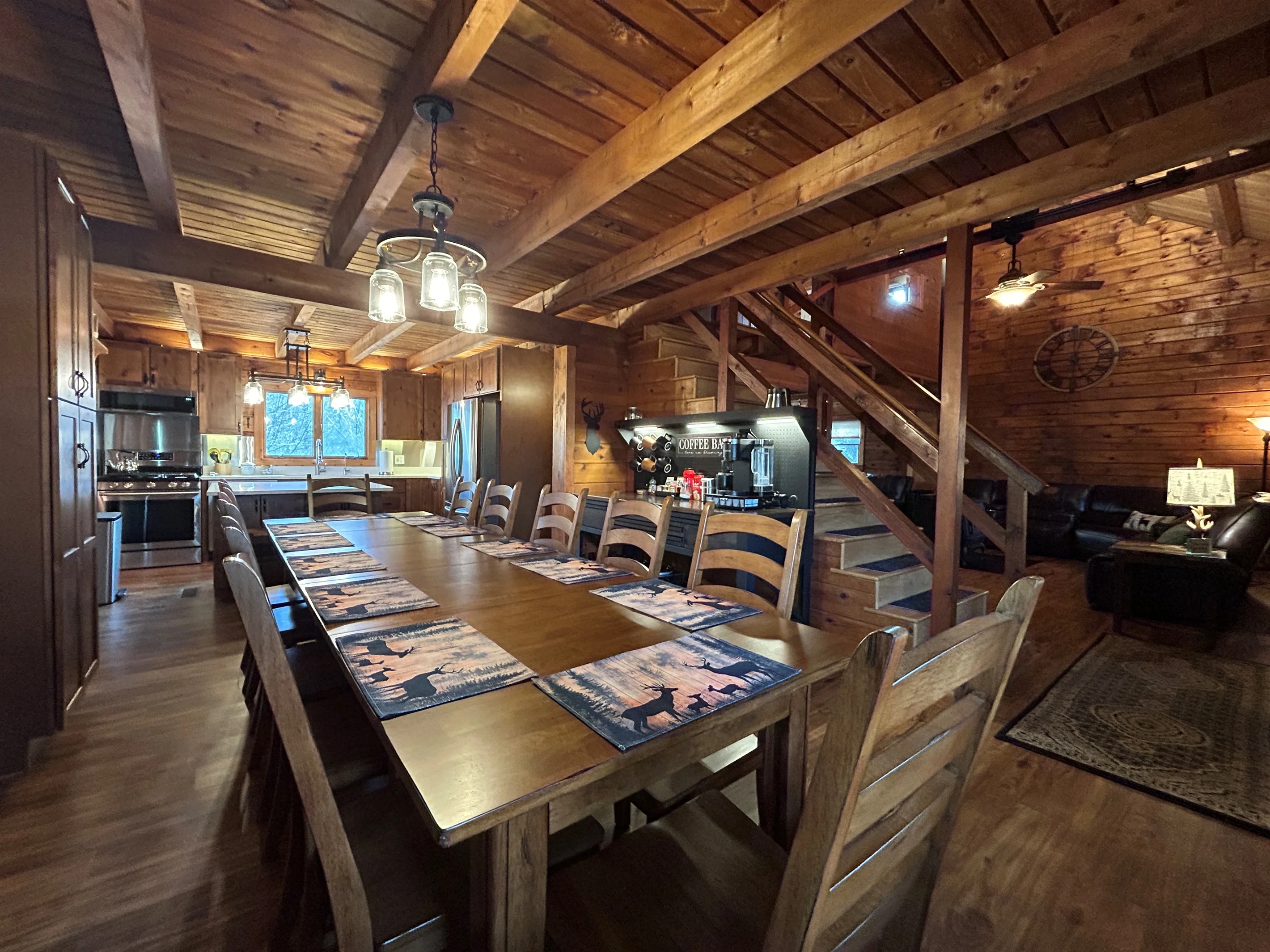 Lodge dining table and kitchen, Deer Run Lodge