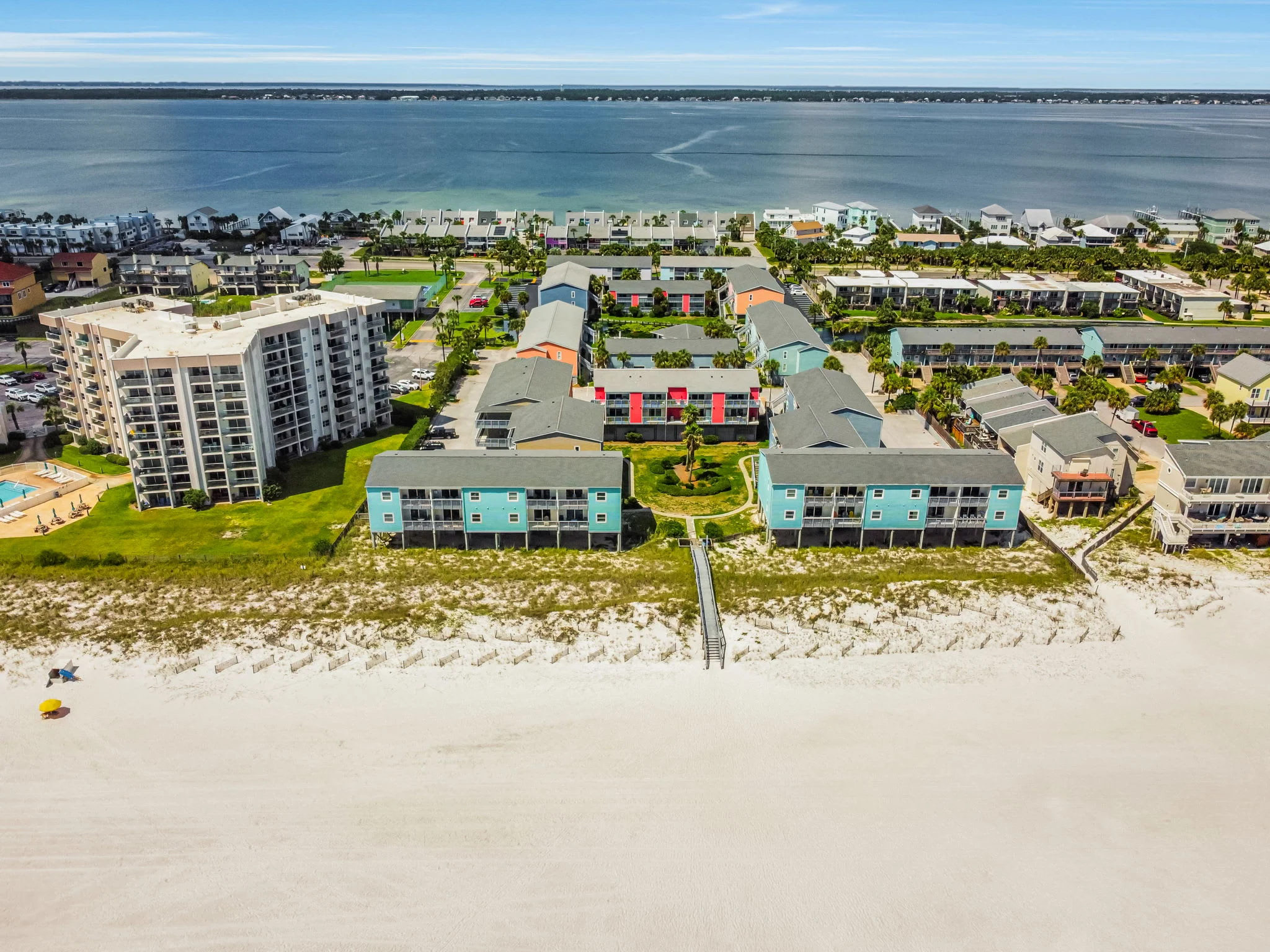 Aerial view of beachfront vacation rental condominiums on Pensacola Beach, Florida