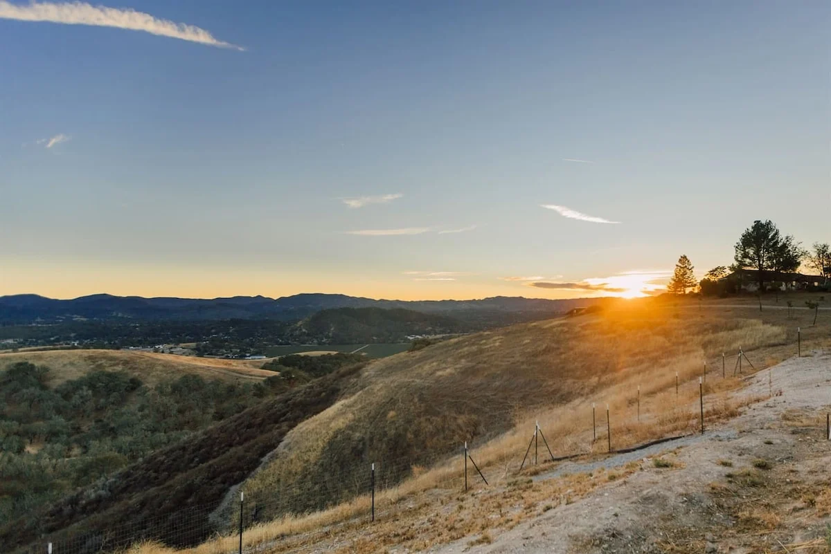 Sunset over rolling hills at The Casita at Vista Santa Lucia in Templeton, California