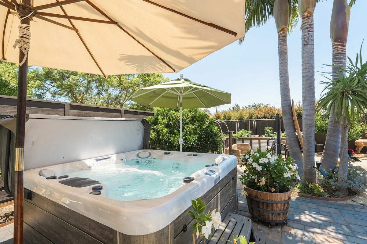 Palm-shaded backyard at The Coastal Casa in San Diego with seven-person hot tub, patio lounges and half basketball court