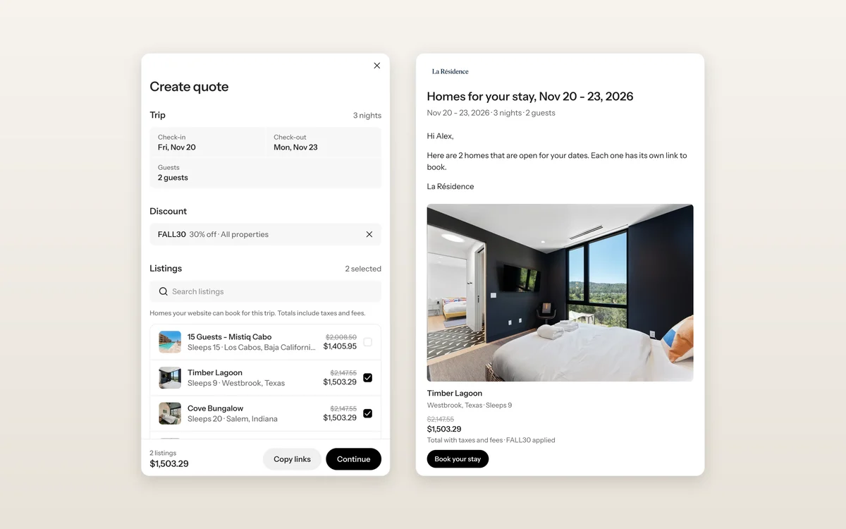 The WanderOS Create quote drawer with dates, a FALL30 discount and two homes selected, beside the quote email the guest receives from La Résidence