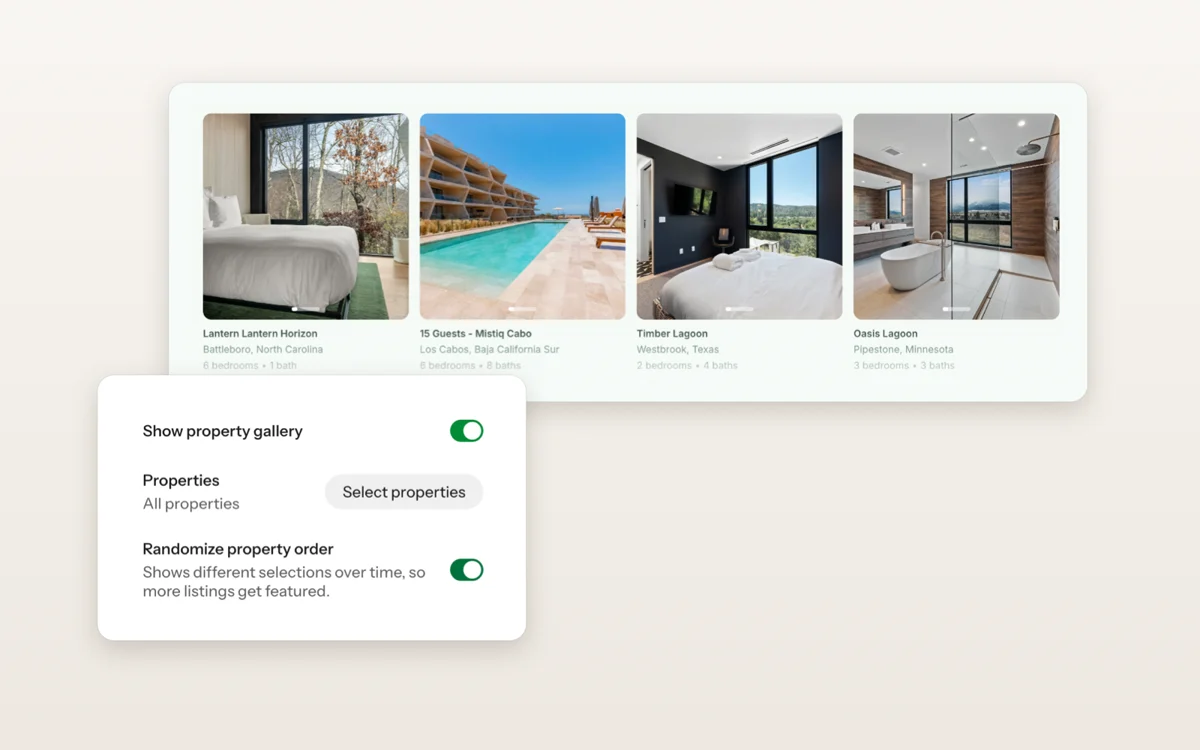 The site editor's Randomize property order switch, next to a property gallery on a direct booking site