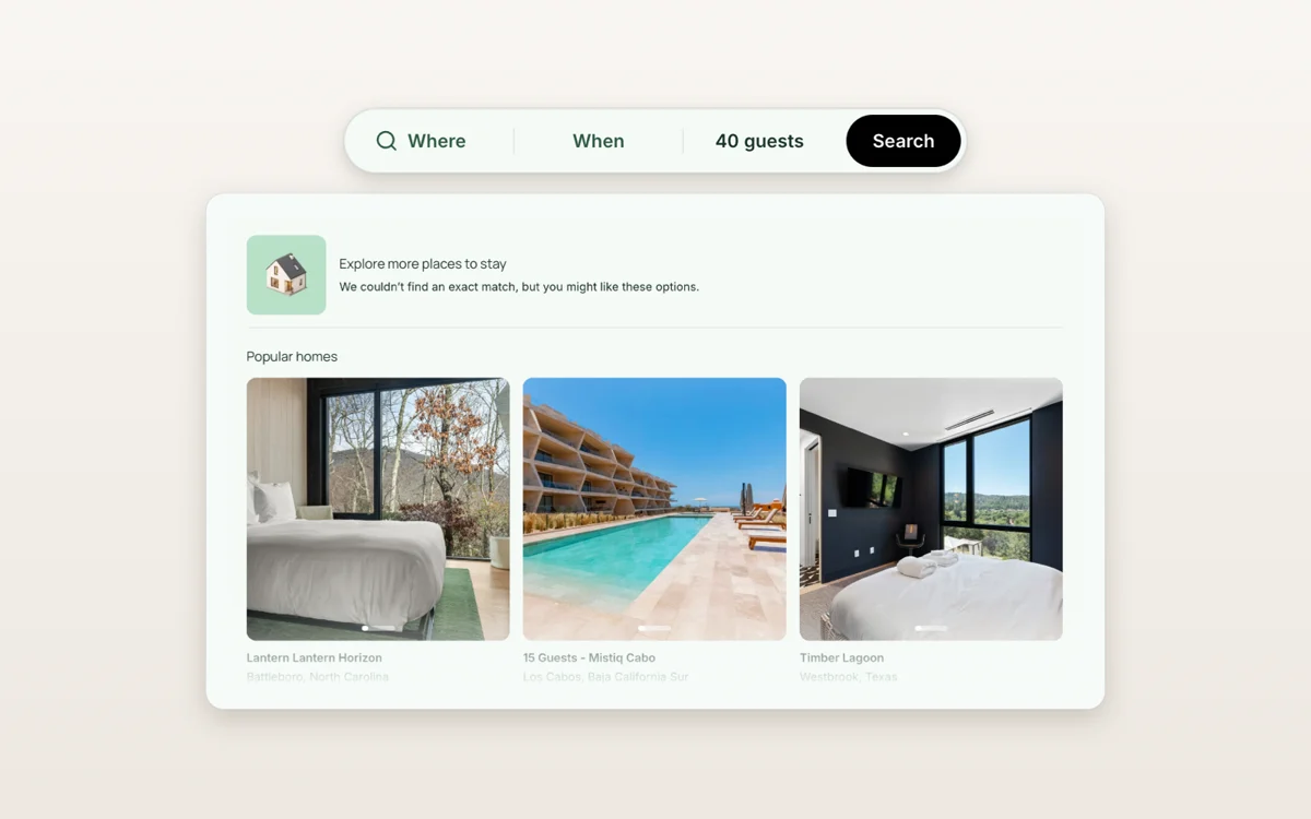 A search on a direct booking site with no exact match, suggesting popular homes instead