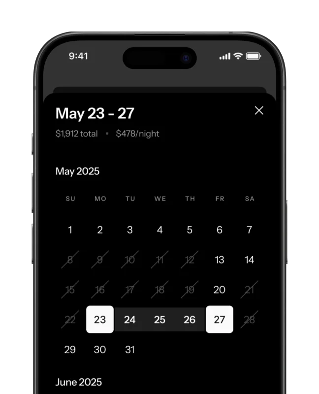 Calendar interface showing transparent pricing and availability